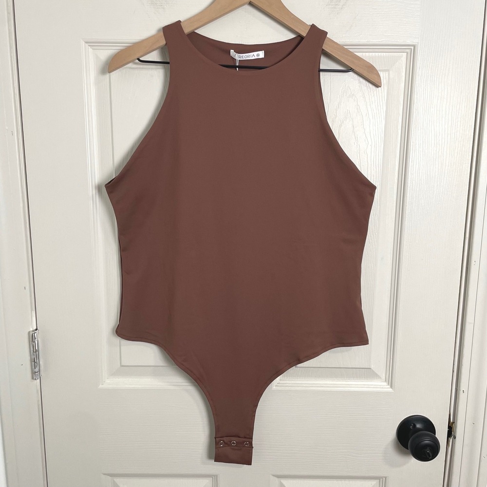 REORIA Womens 2XL Brown High Neck Sleeveless Bodysuit NWT Minimalist Capsule